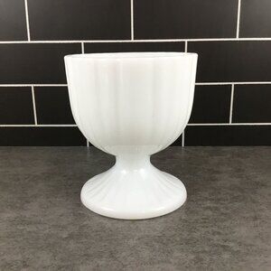 White Milk Glass Ribbed Pedestal Bowl Vintage Decorative Centerpiece